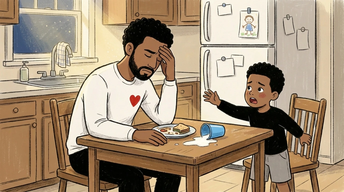 Father at kitchen table head in hand beside a spilled cup as his toddler offers a nurturing touch