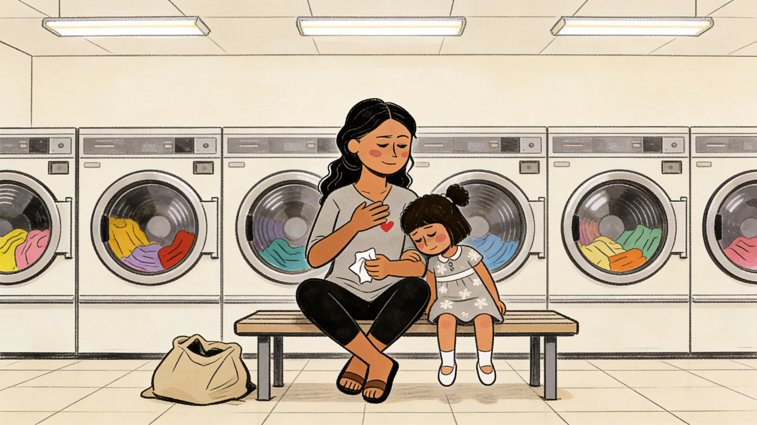 Mother in a laundromat on a bench hand on chest offering a calm nurturing presence to her daughter