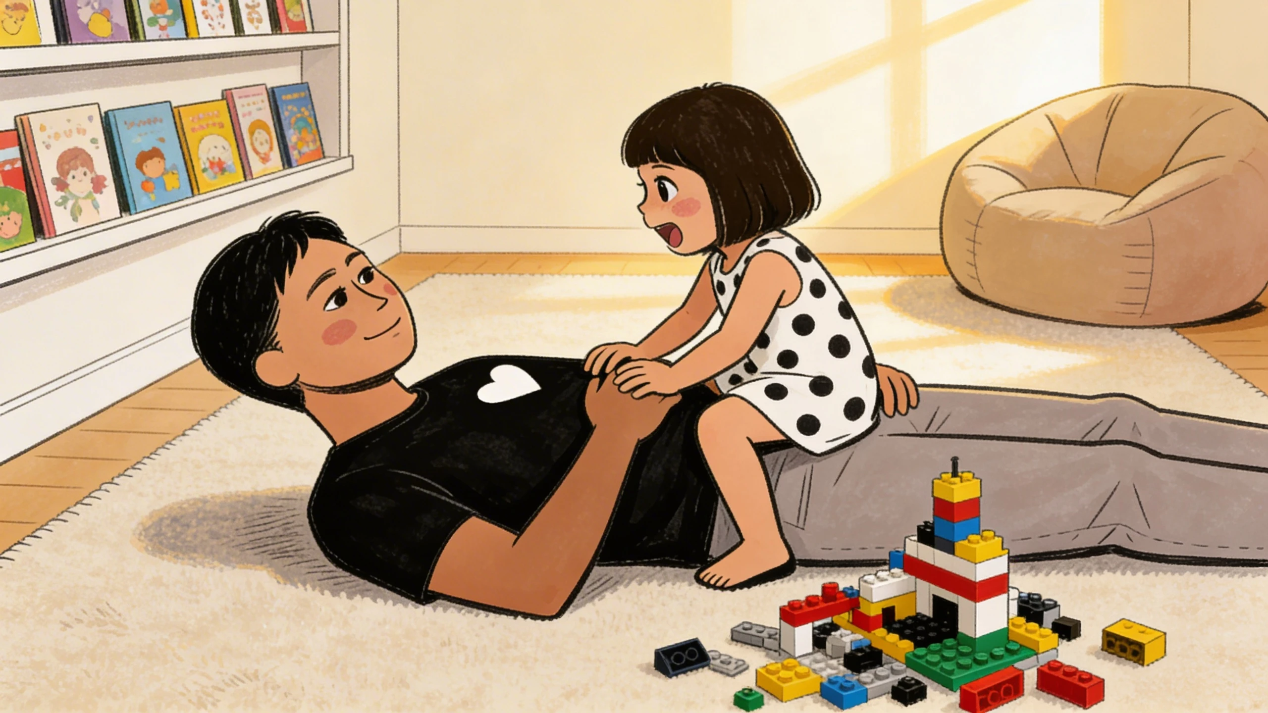 Father lying on the floor smiling up at a young daughter climbing on him near colorful building blocks