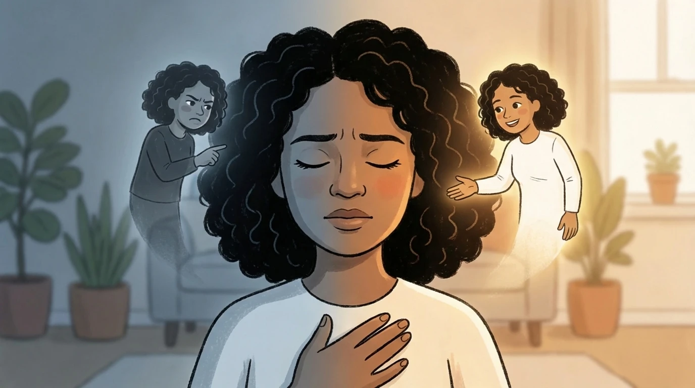 Parent with eyes closed and hand on chest, turning from a pointing inner critic toward a nurturing figure.