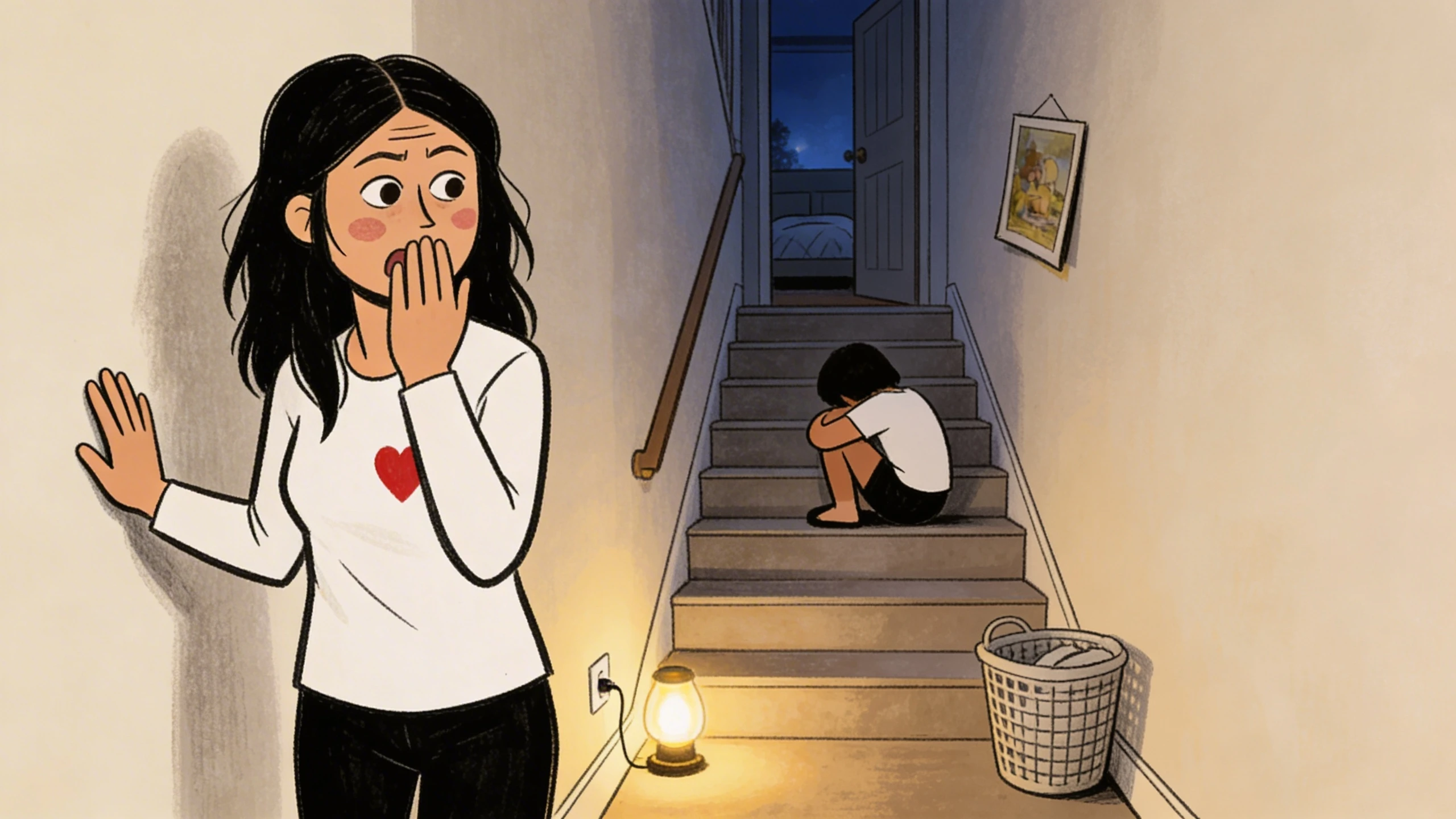 Parent covers mouth in regret as child huddles on stairs