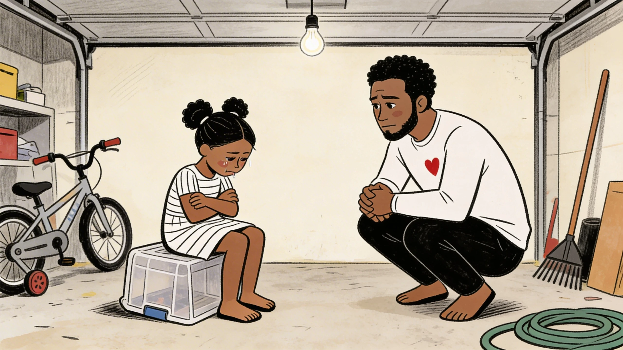 Father crouches to eye level with a child in a garage