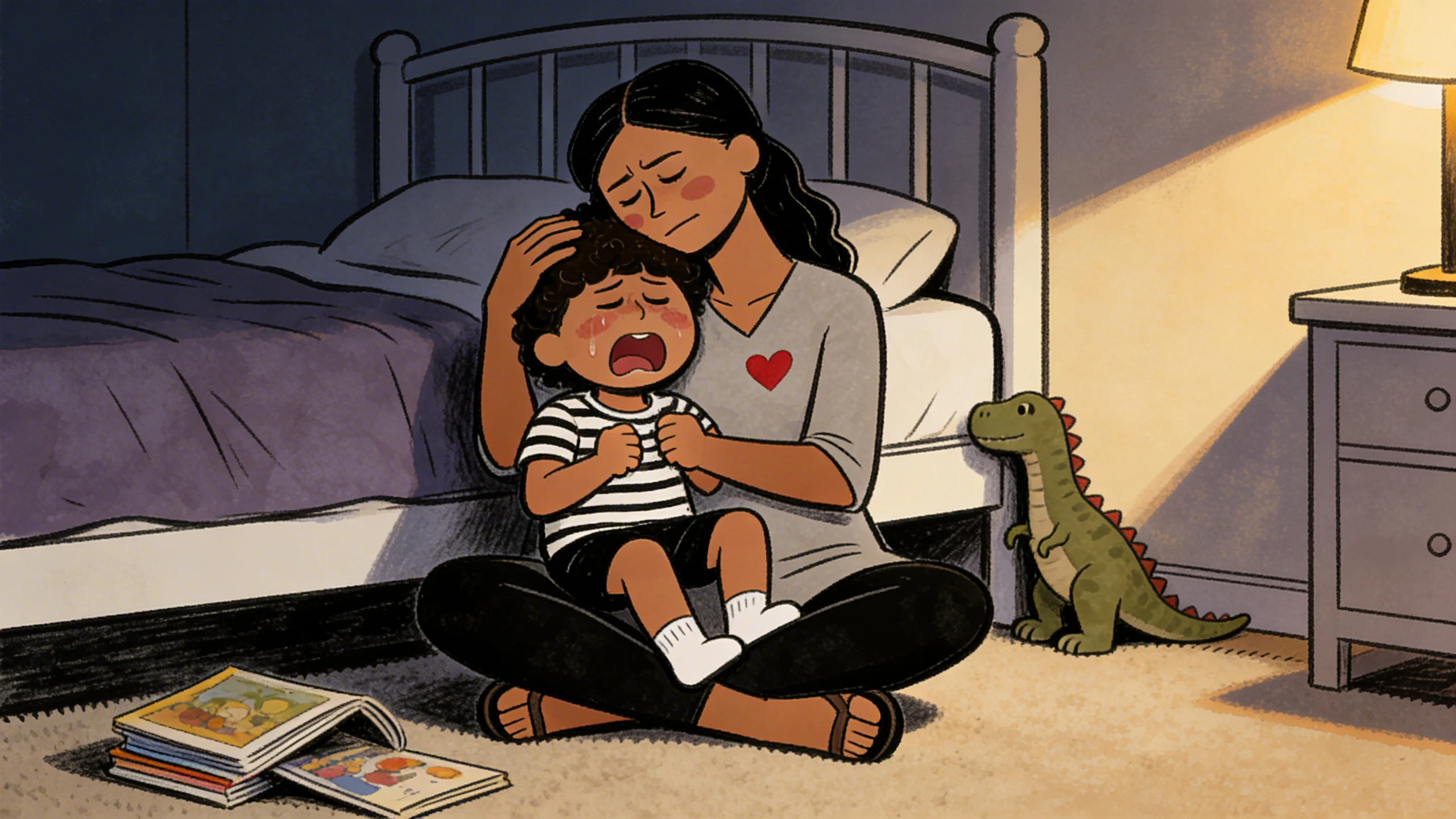 Mother holds a crying toddler on a bedroom floor