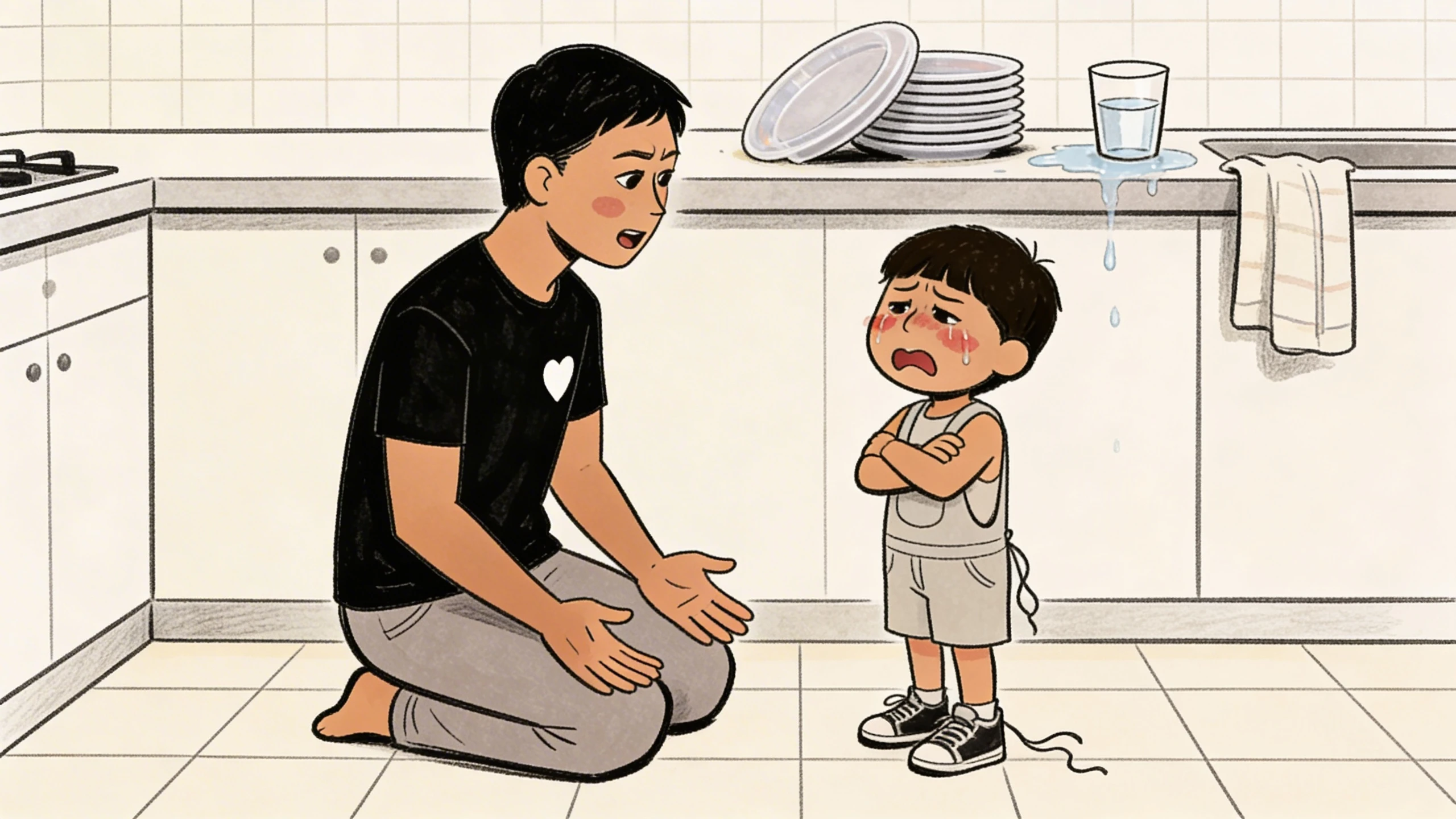 Father kneels on kitchen floor to speak with a tearful child