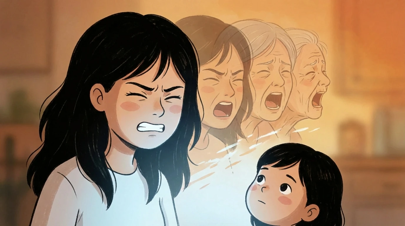 Mother yelling at child with fading generations of parents yelling behind her in an intergenerational cycle.