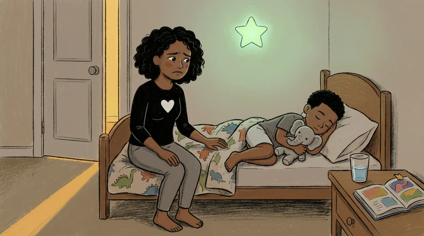 A mother sits late at night on her child's bed, hand resting on his back as he sleeps with a stuffed elephant