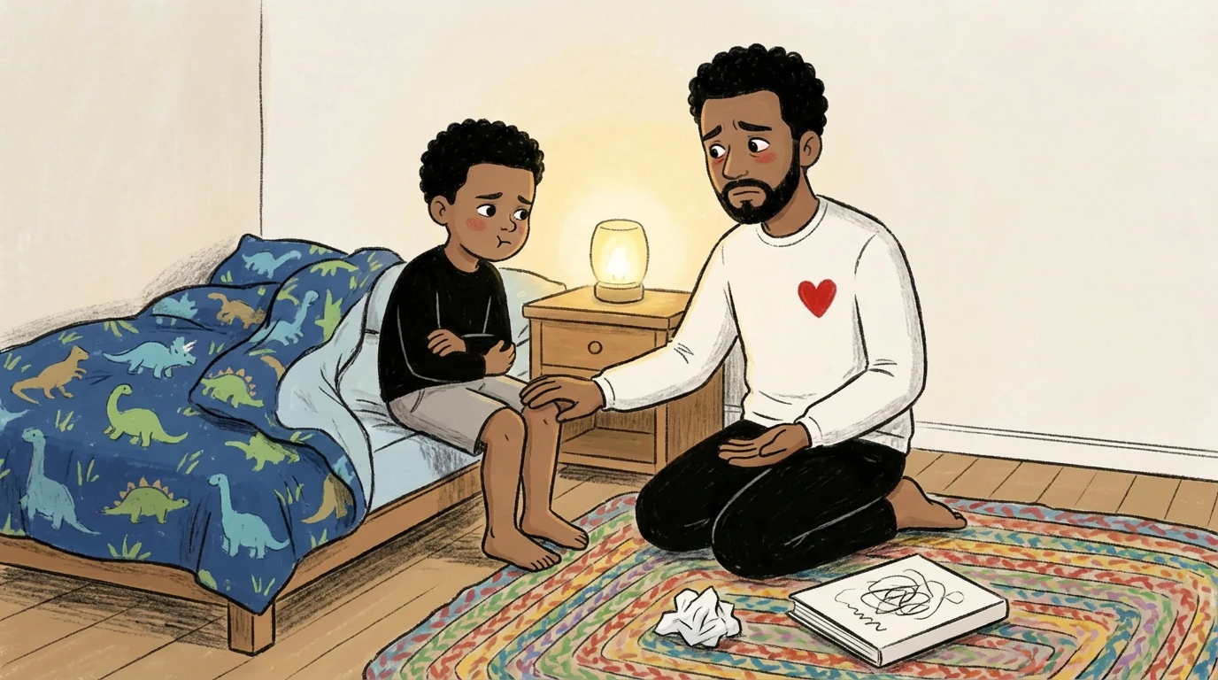 A father sits cross-legged on the floor facing his son after mistakes were made, an open notebook between them