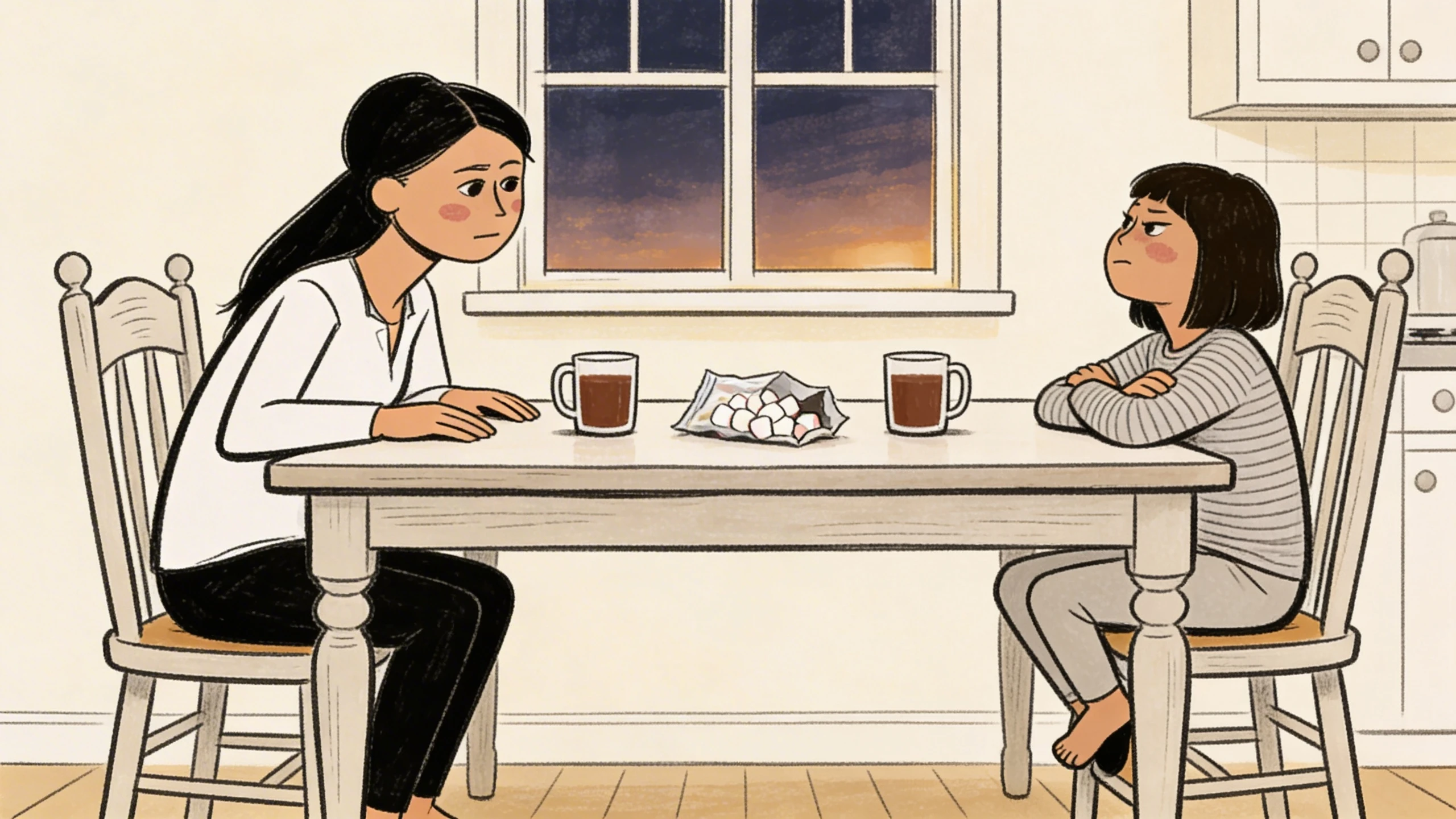 A mother and child sit across a kitchen table with mugs, pausing in a quiet conversation at dusk