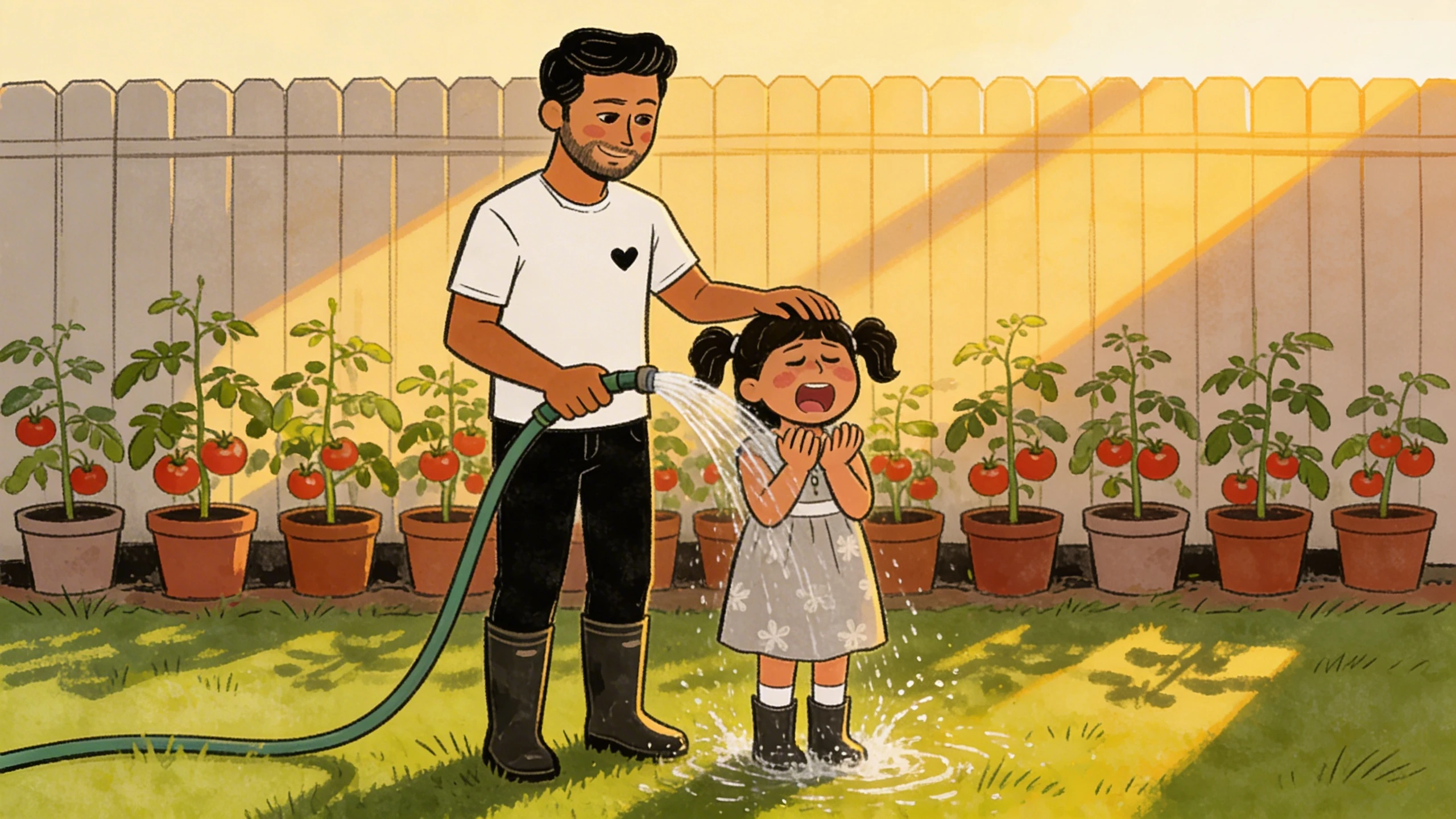 A father steadies his laughing daughter with a gentle hand while watering tomato plants in the yard