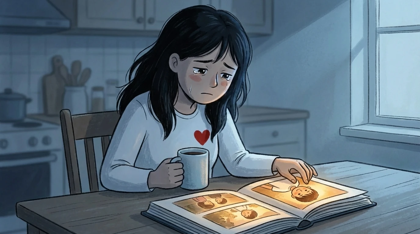 Mother sitting at a kitchen table holding a mug, looking through a photo album as a parent reflecting on past mistakes.