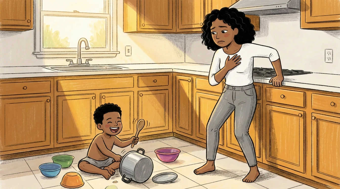 Parent hand on chest in kitchen while toddler bangs pots on floor - nervous system response to child's noise