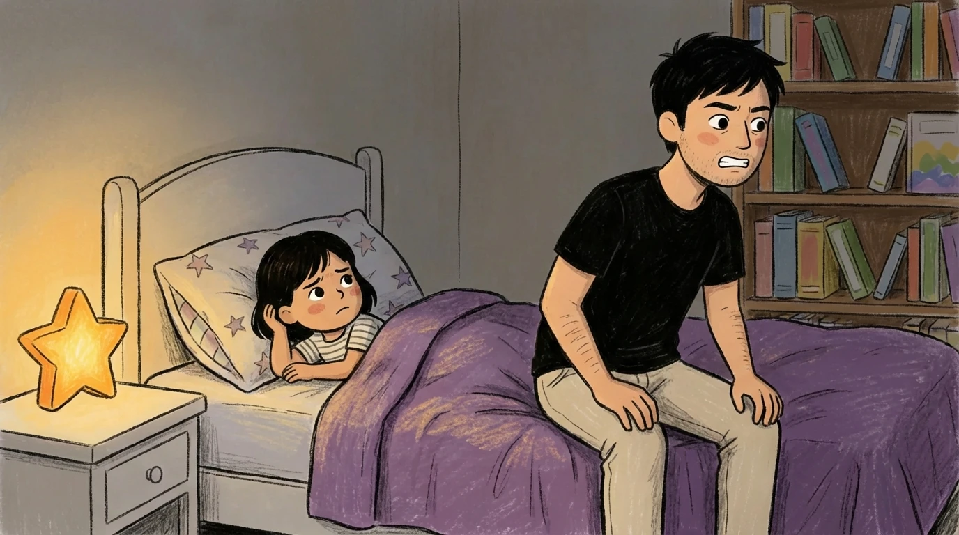 Parent perched tensely on child's bed at night with child watching - bedtime struggle activating old trauma responses