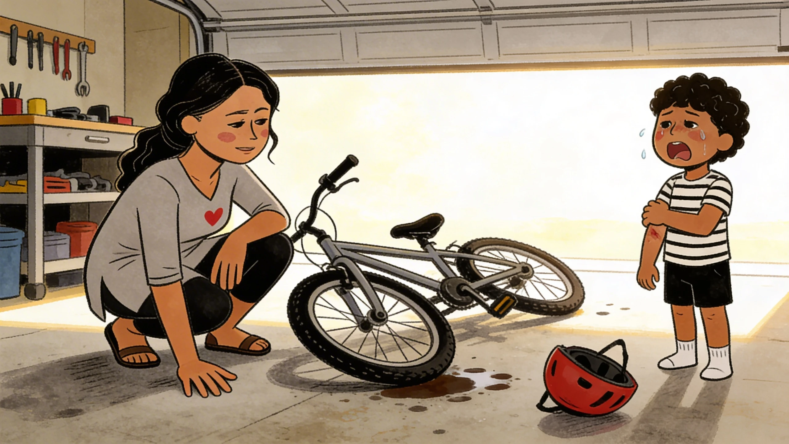 Parent crouching beside child's fallen bike in garage while child cries - staying regulated after your kid's meltdown