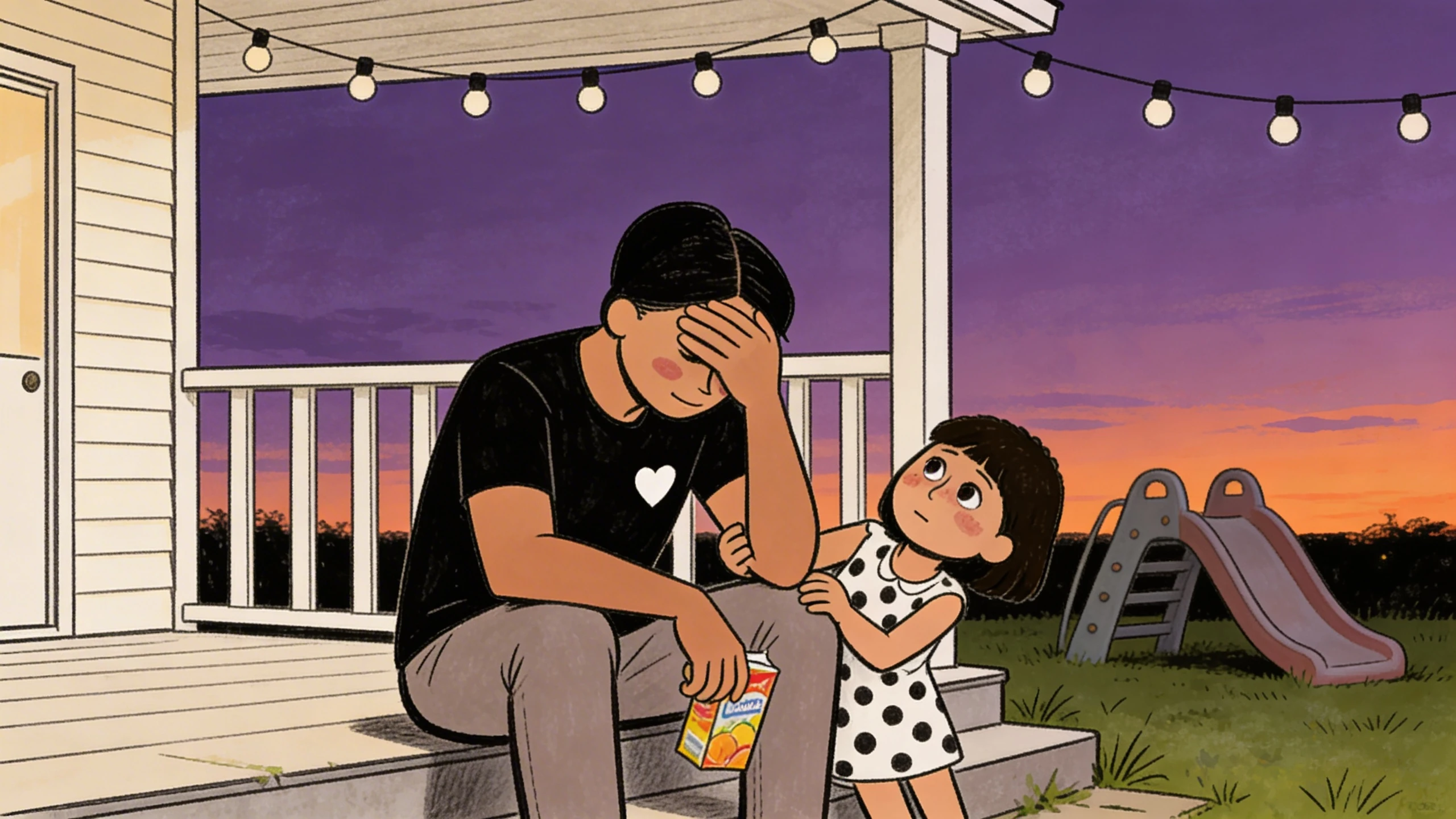 Parent with head in hand on porch steps at dusk as young child reaches up - cycle of generational trauma
