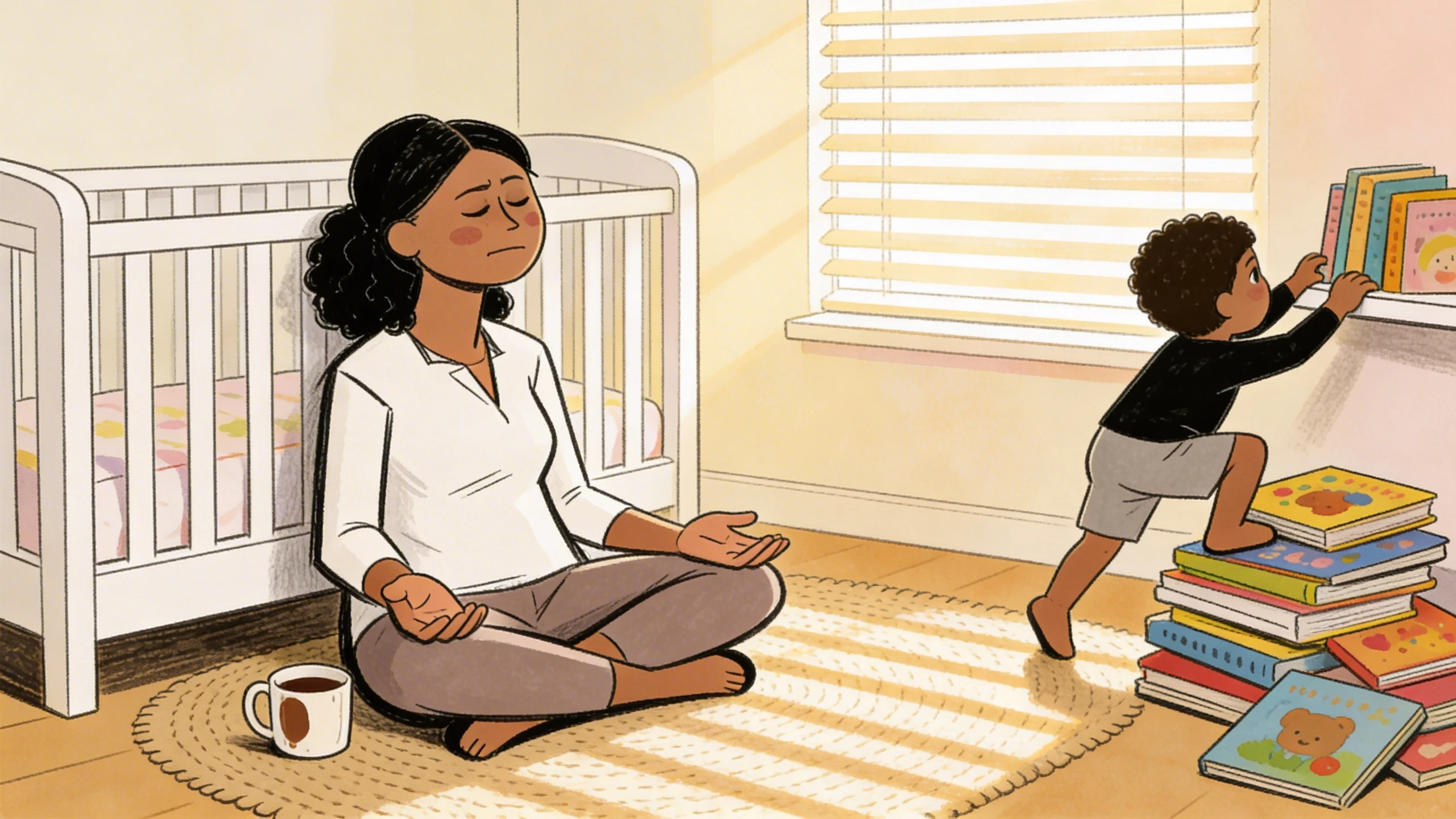 Woman meditating on nursery floor beside crib while toddler browses books nearby illustrating inner child healing