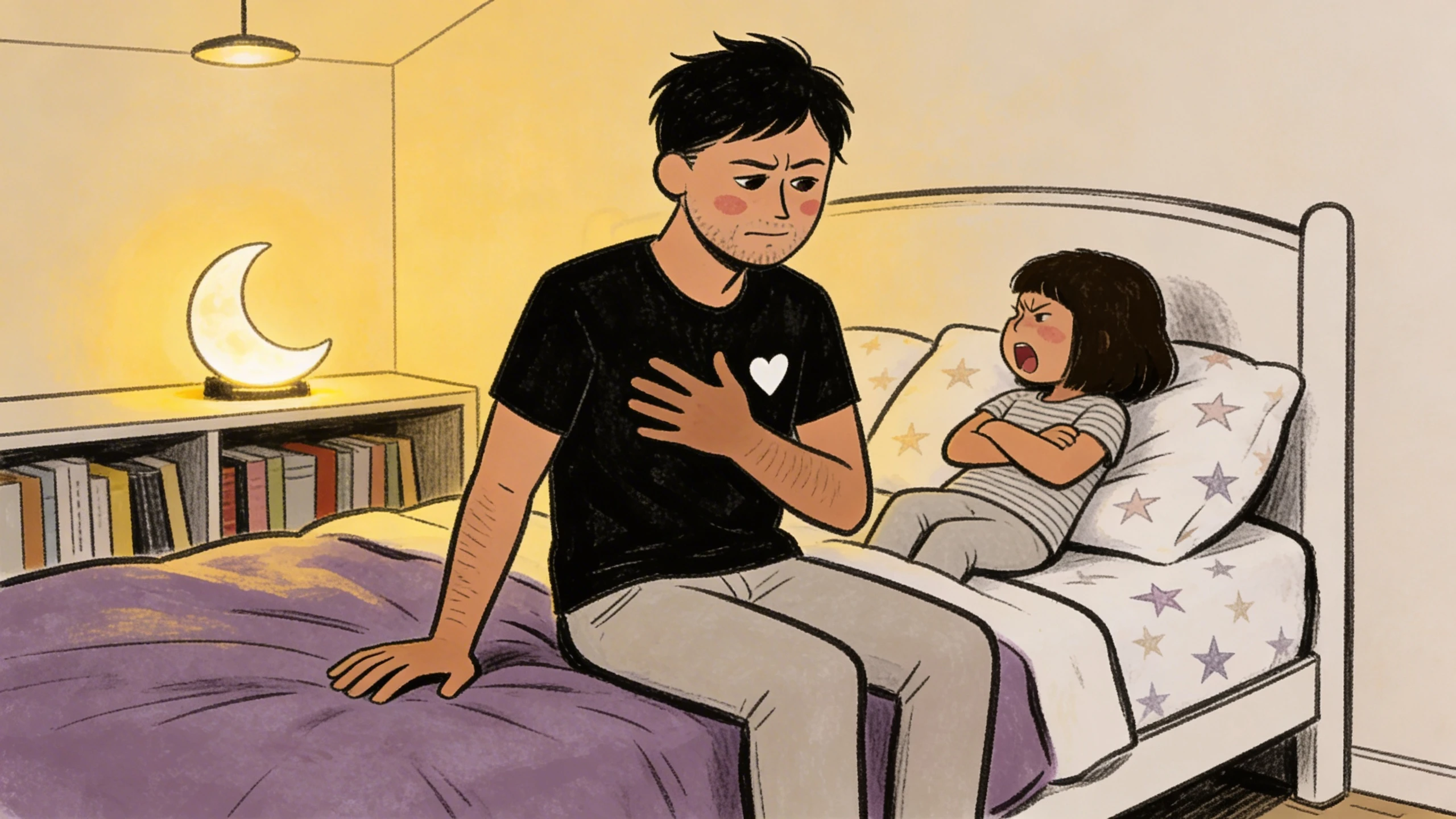Father sitting on child's bed with hand on chest while child lies with arms crossed under star-patterned sheets