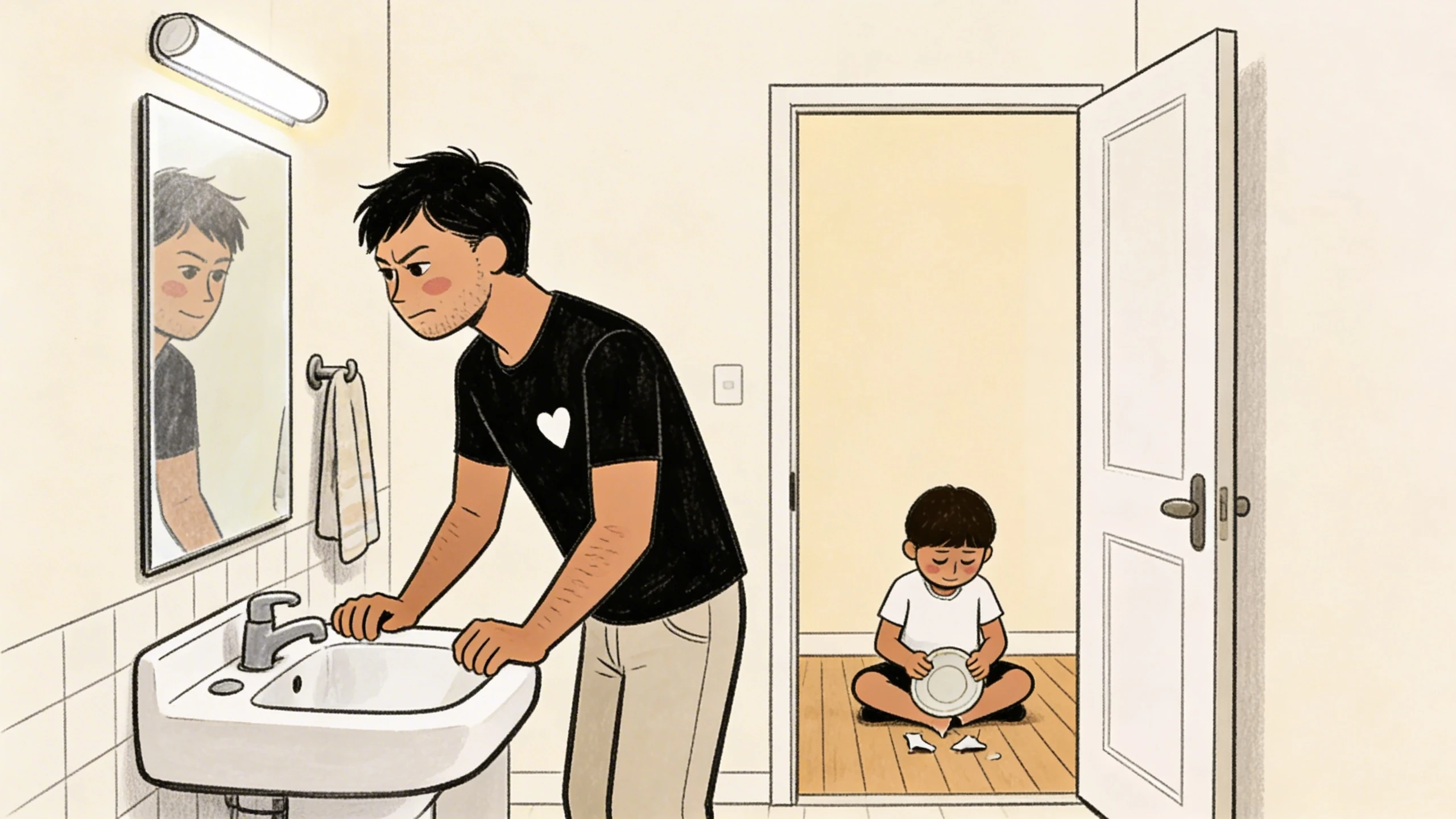 Man gripping bathroom sink looking at his reflection while a child sits on hallway floor with a broken plate