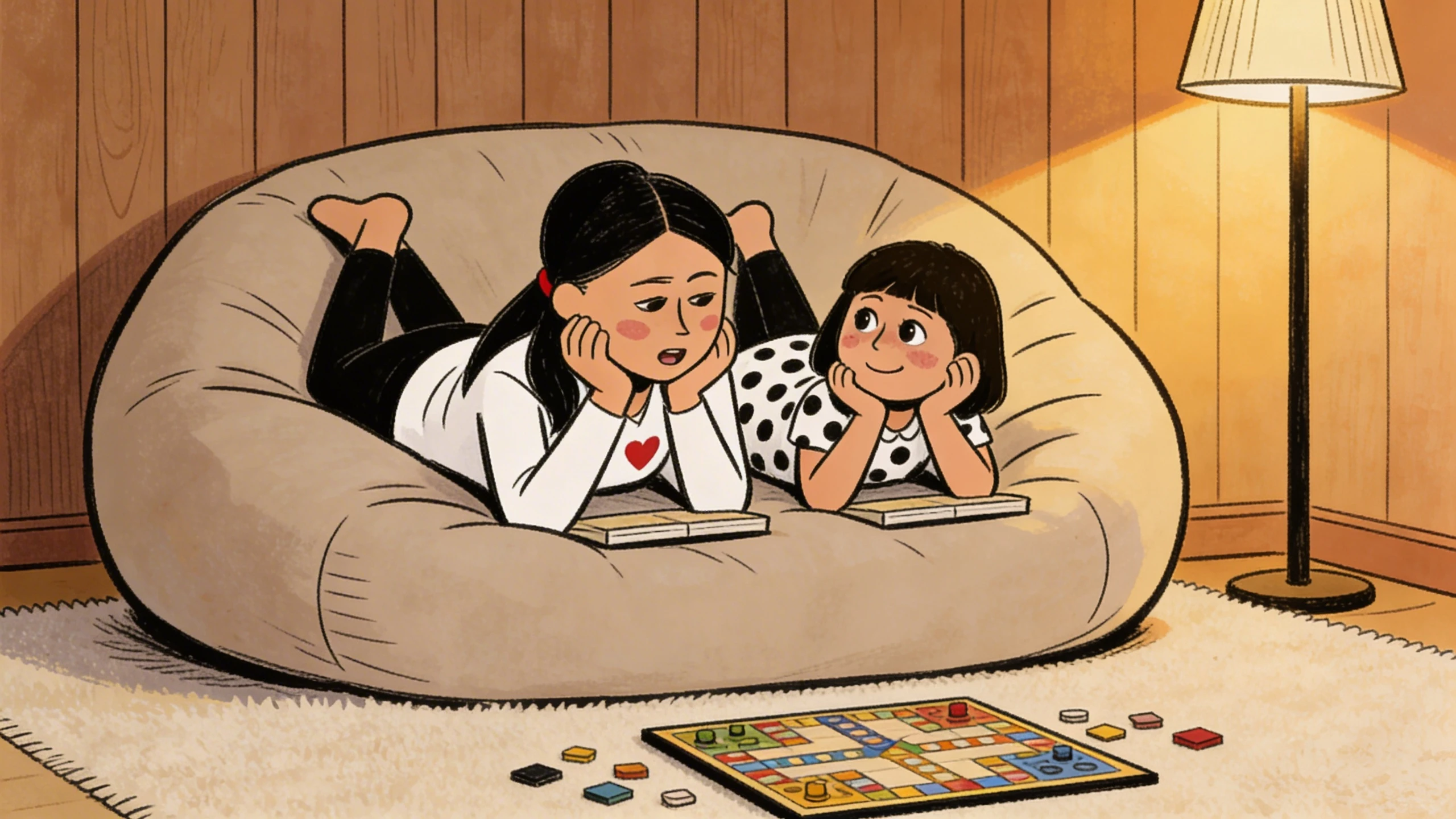 Woman and child lying on a beanbag together looking at a board game on the floor in warm lamplight