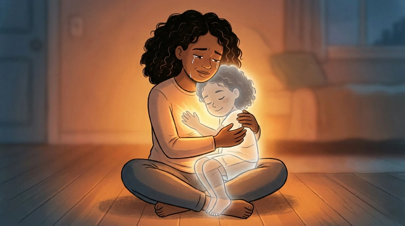 Mother sitting cross-legged on the floor holding a glowing inner child against her chest in a dim room.
