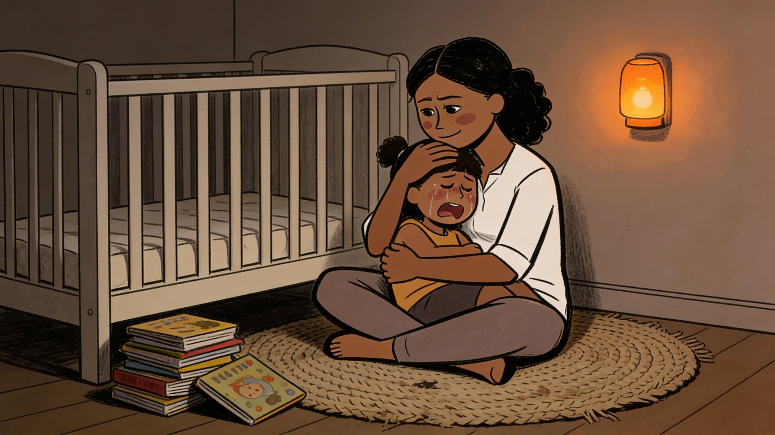 Mother holding crying toddler on nursery floor beside crib, warm lamp light, children's books nearby