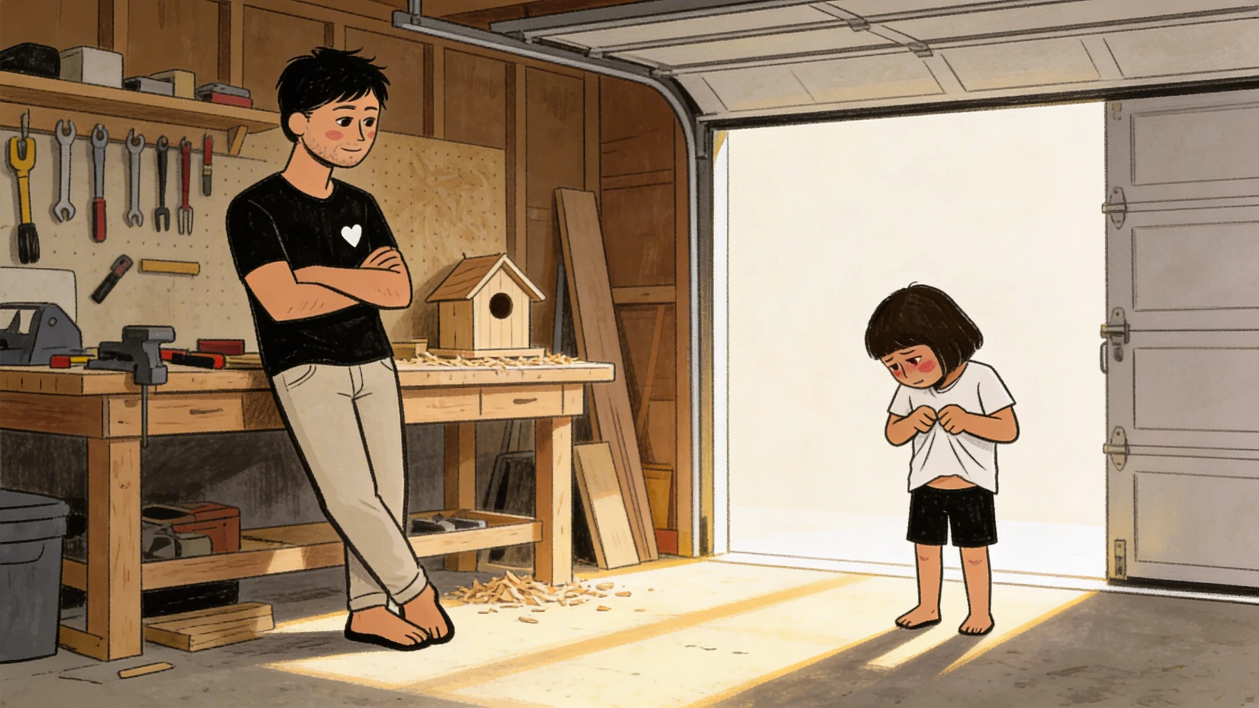 Father watching child standing alone in workshop garage, birdhouse on bench, learning to give space without withdrawal