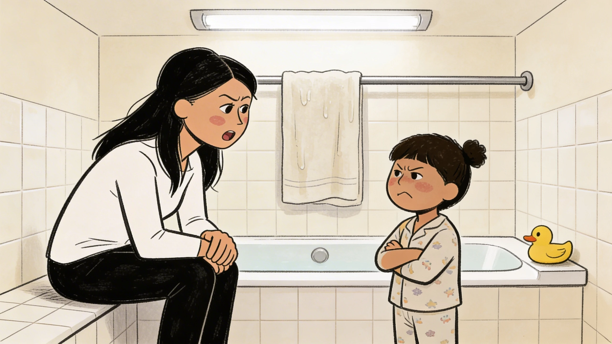 Mother seated on bathtub edge facing a child with arms crossed, staying calm during a parenting conflict at bath time