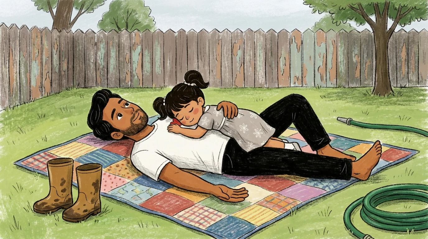 Parent and child lying together on a patchwork quilt in a backyard, building closeness without an earned-love template