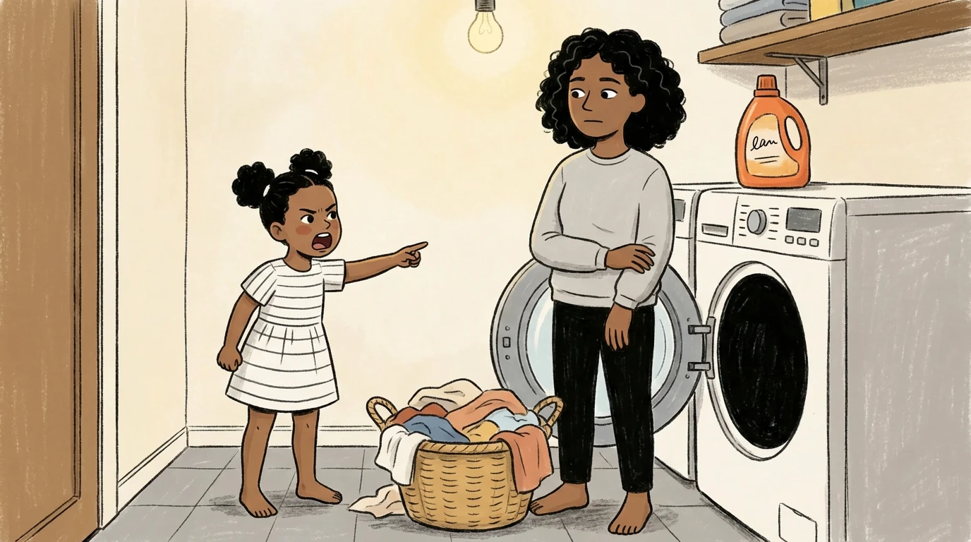 Young child pointing finger at parent doing laundry