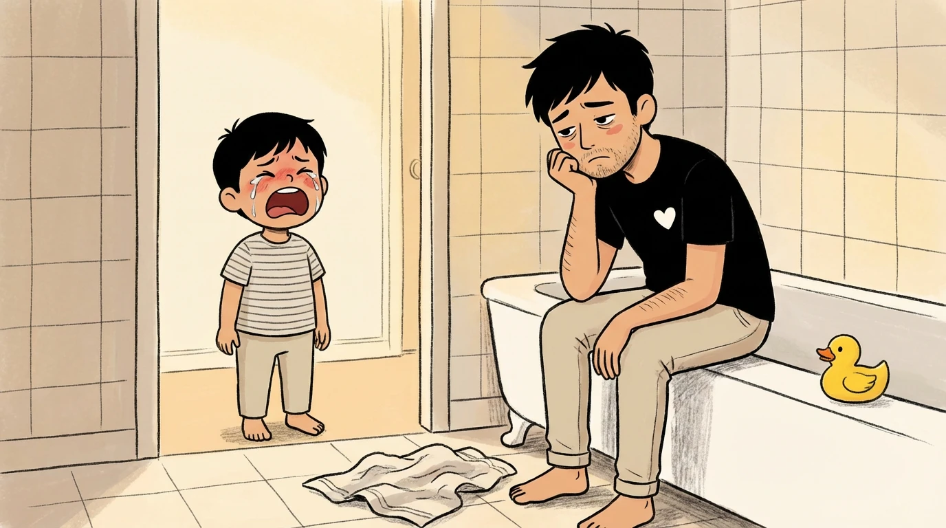 Young child crying loudly in bathroom doorway while parent sits on bathtub edge