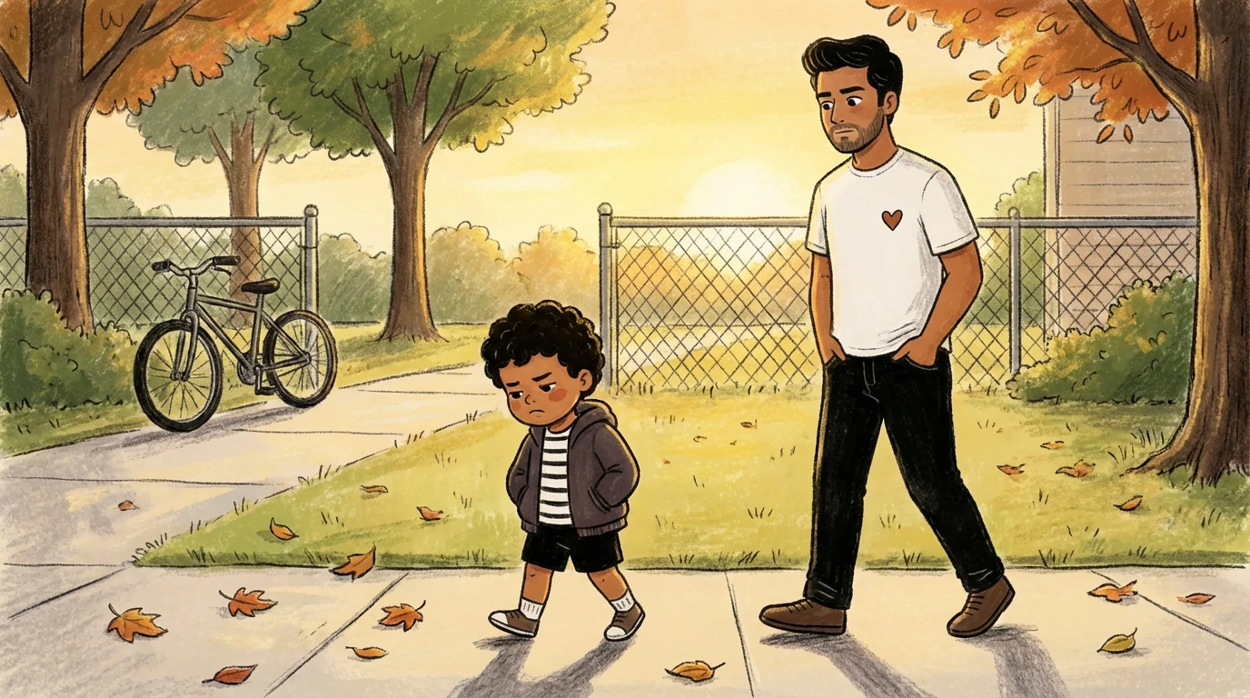 Adult walking beside young child on autumn sidewalk