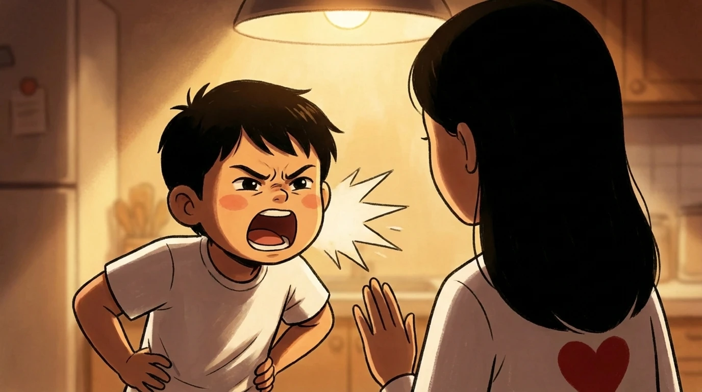 Child shouting disrespectful language at a parent in the kitchen while the parent raises a calm hand to respond.