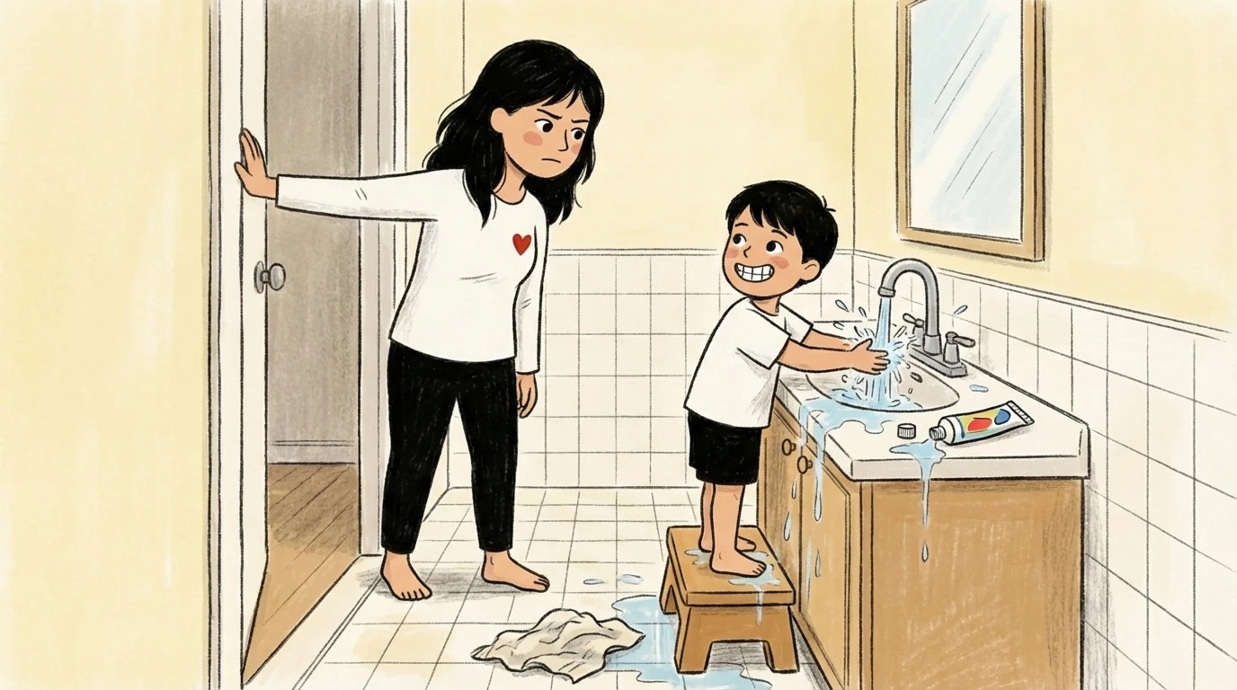 Mother in bathroom doorway as young child washes hands; towel dropped on floor, limit ignored