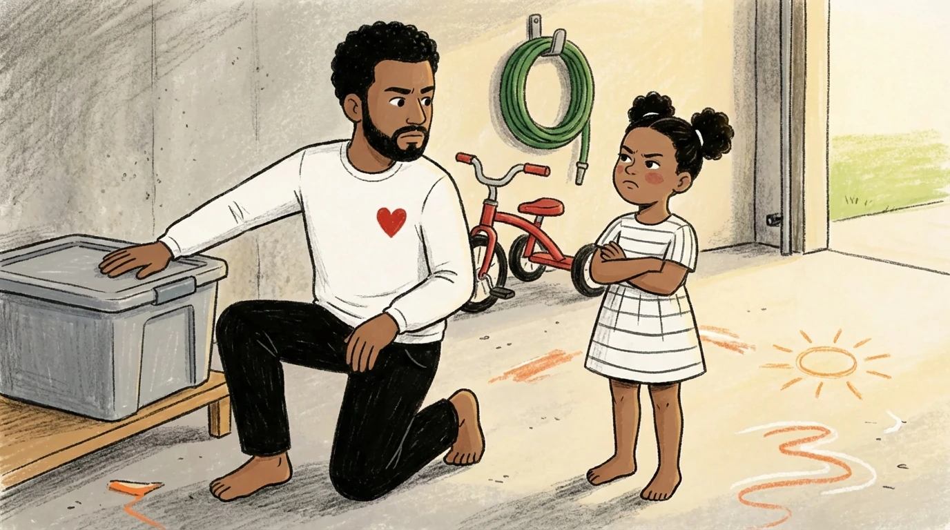 Father kneels in garage talking to small child with arms crossed, ignoring his calm words