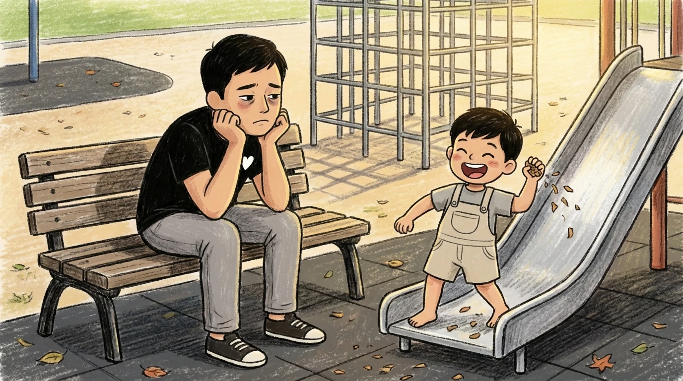 Parent sits on park bench as toddler laughs at the bottom of a slide, not ready to leave