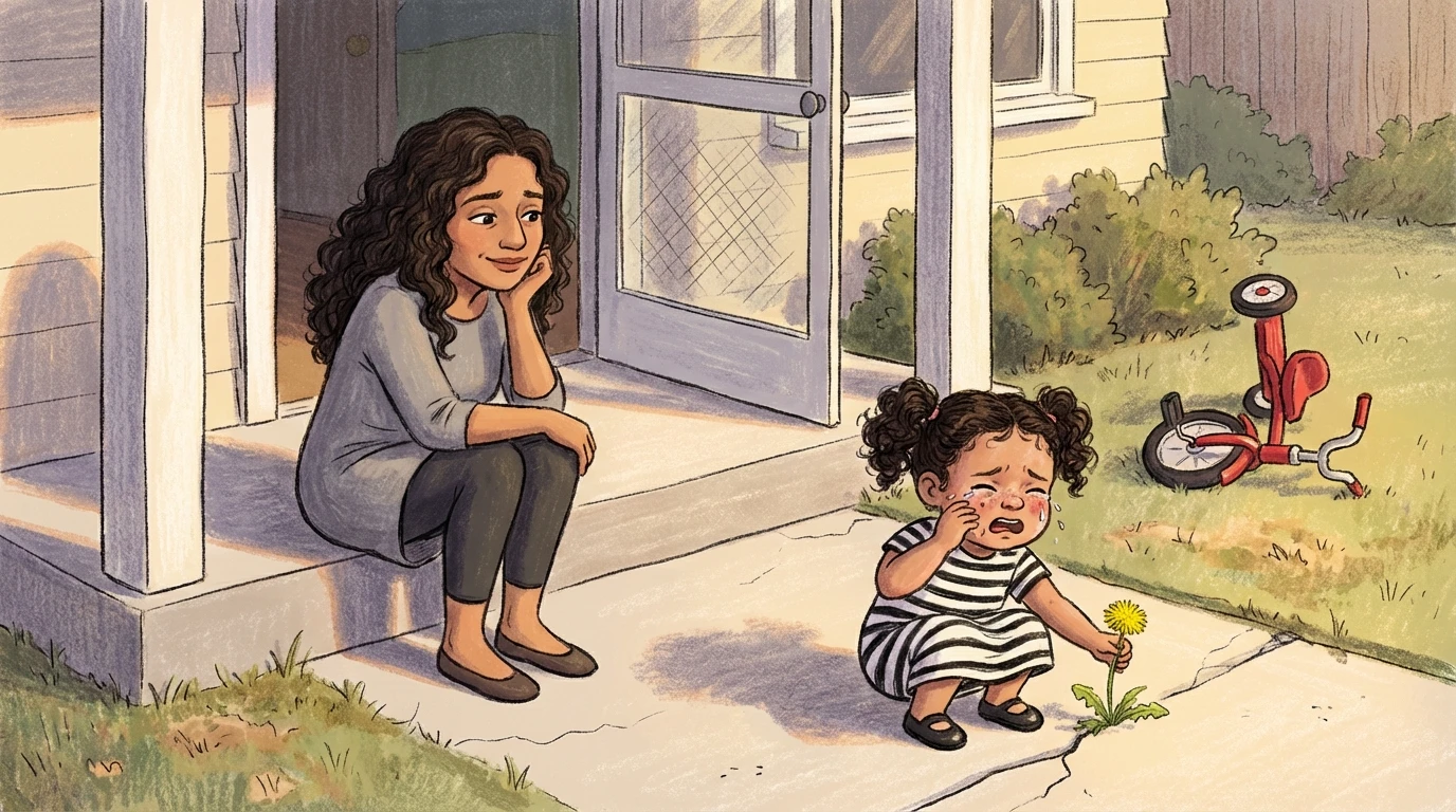 Mother seated on porch steps watching toddler sit on grass and cry near a small flower