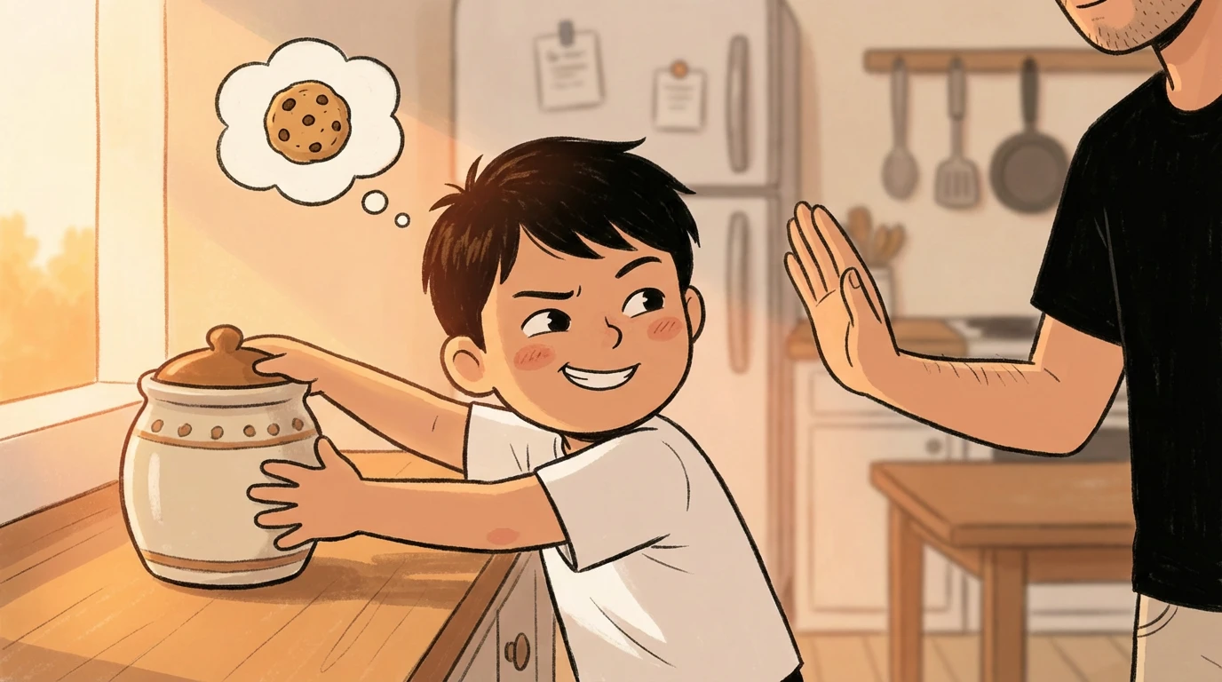 Child reaches for a cookie jar in the kitchen while a parent holds up a hand to set a limit.