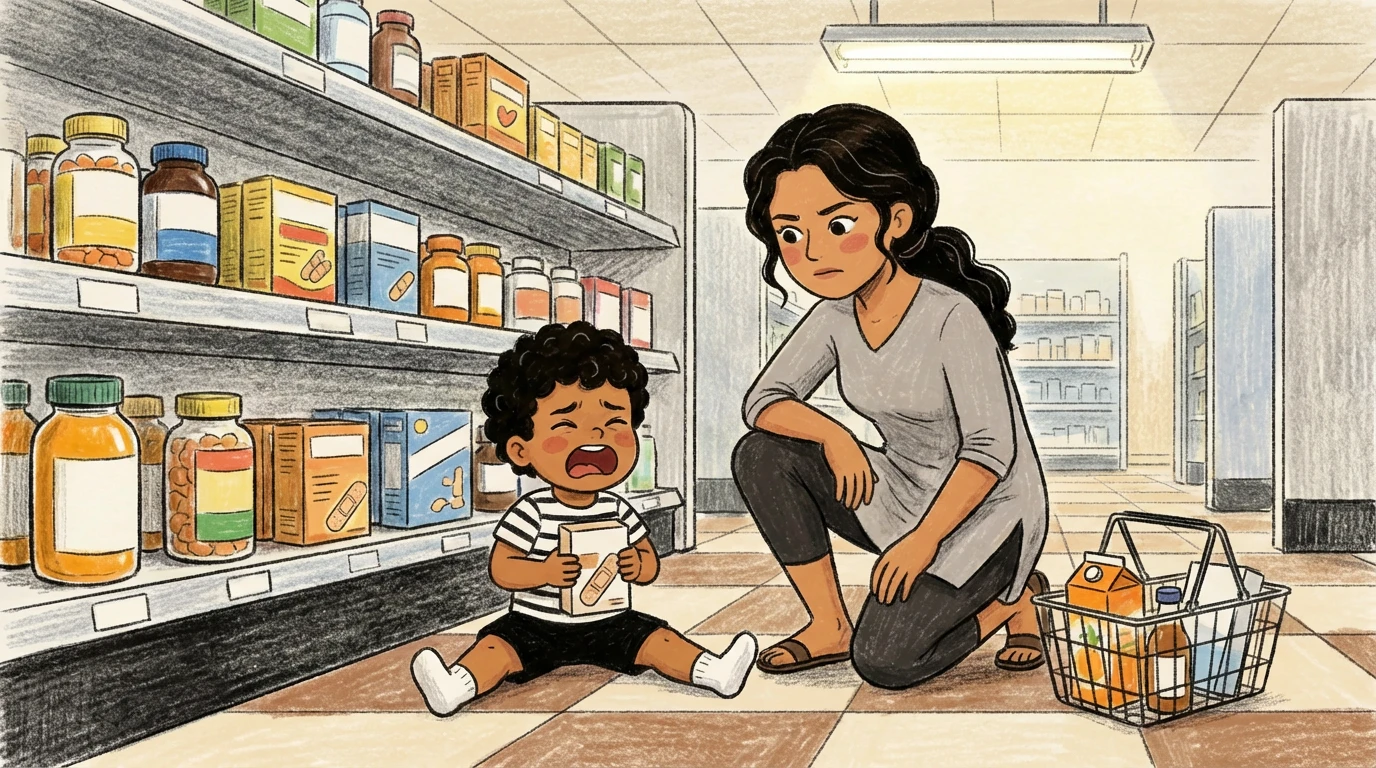 Parent kneeling beside toddler mid-tantrum on store floor, shelves of products behind them