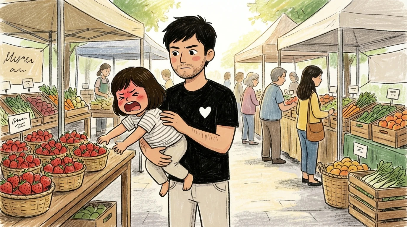 Parent holding a crying toddler at outdoor market stall while other shoppers pass nearby