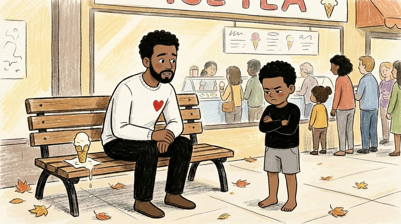 Parent sitting on bench outside ice cream shop, child standing with arms crossed during public discipline