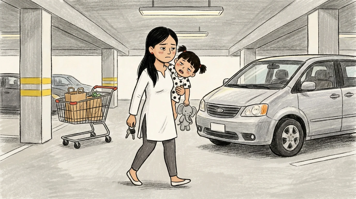Parent carrying young child through parking garage next to grocery cart after leaving a store