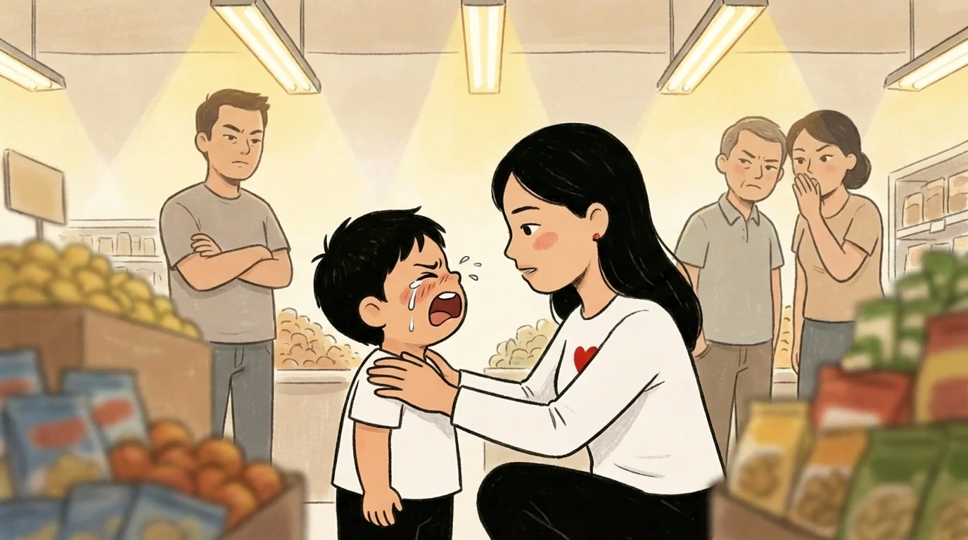 Mother kneeling to discipline a crying child in a public grocery store while onlookers watch.