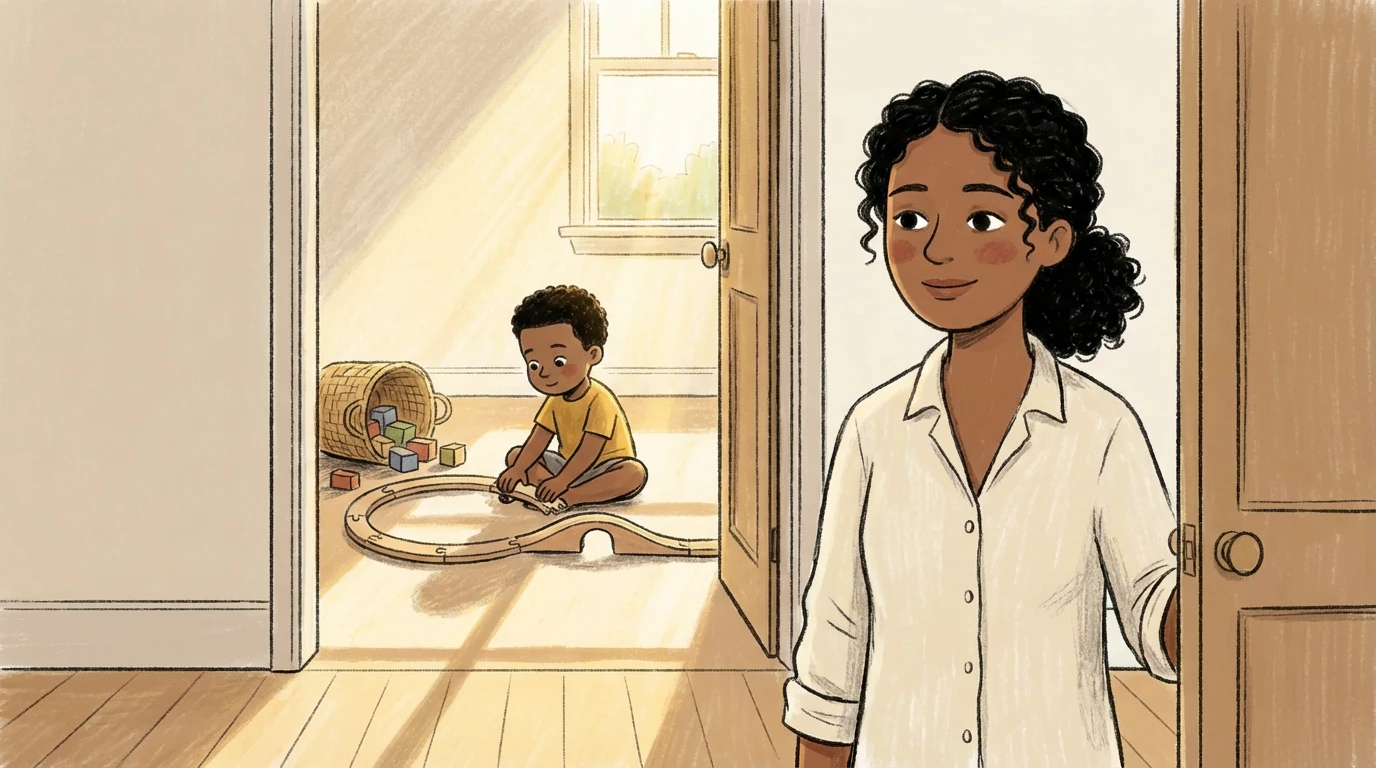 Mother at doorway watching young child play with toy train track and blocks - no yelling needed to connect