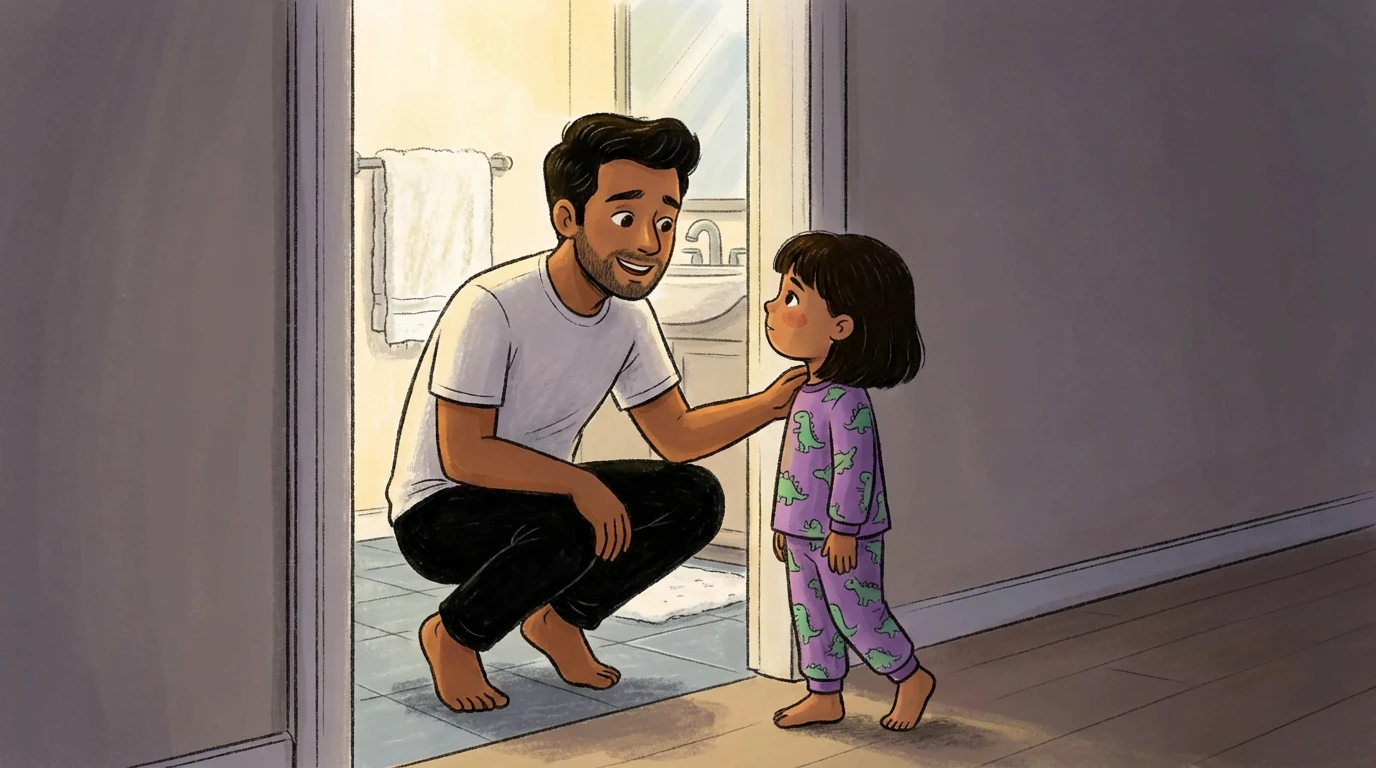 Father crouching to eye level at bathroom doorway, hand on child's shoulder, speaking without threats