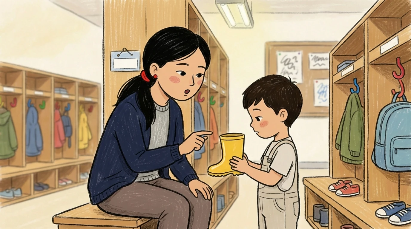 Mother seated in school cloakroom holding a rain boot, talking calmly with child instead of nagging