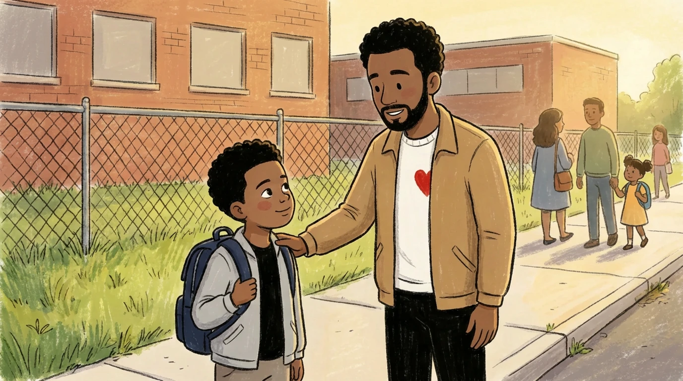 Father placing hand on son's shoulder outside school - a quiet moment that helps kids listen