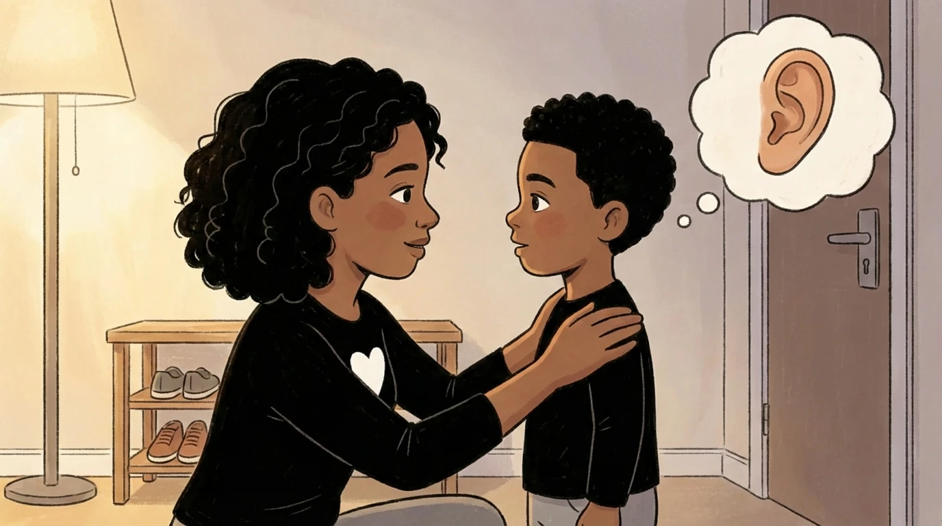 Mother kneeling to speak with a child who pauses to listen in a hallway at home.