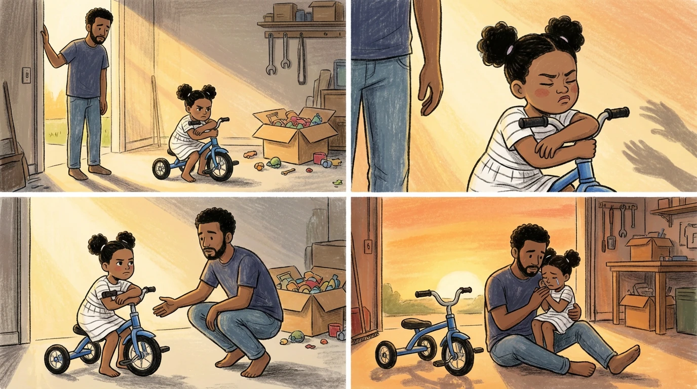 Four-panel illustration of a parent and toddler child with a tricycle, moving from standoff to calm connection in a garage