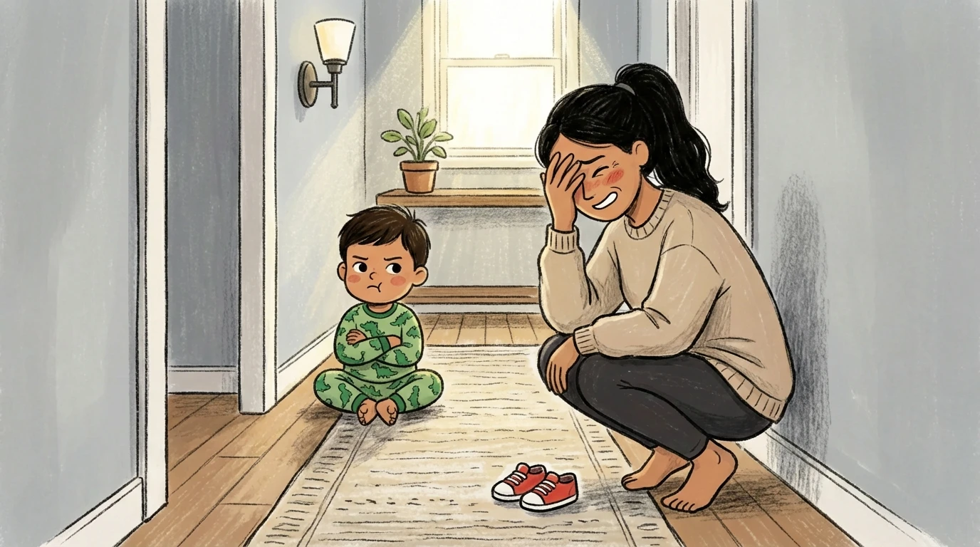 Mother crouching in a hallway beside a toddler boy sitting on the floor, both at eye level during a child defiance moment