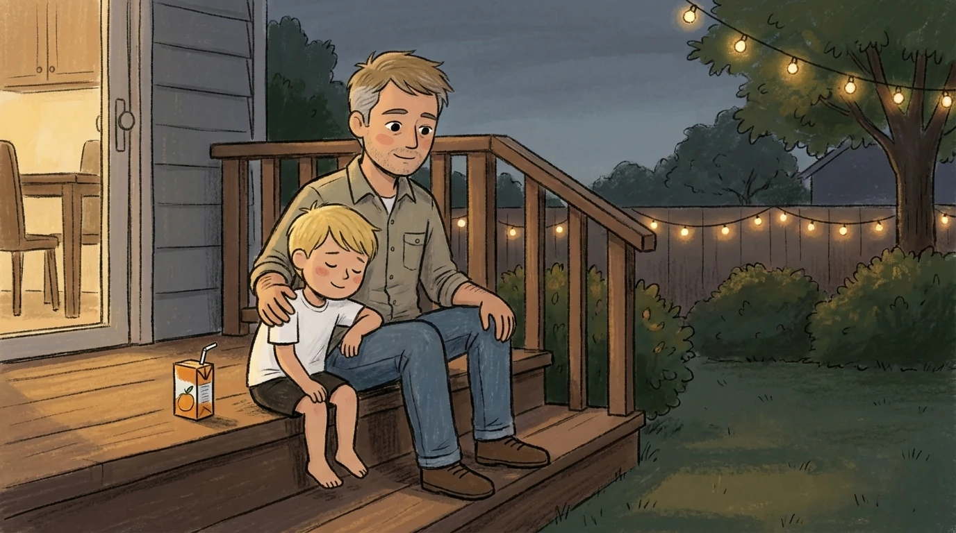 Father sitting on porch steps with arm around a young child at dusk, reconnecting after a toddler says no moment