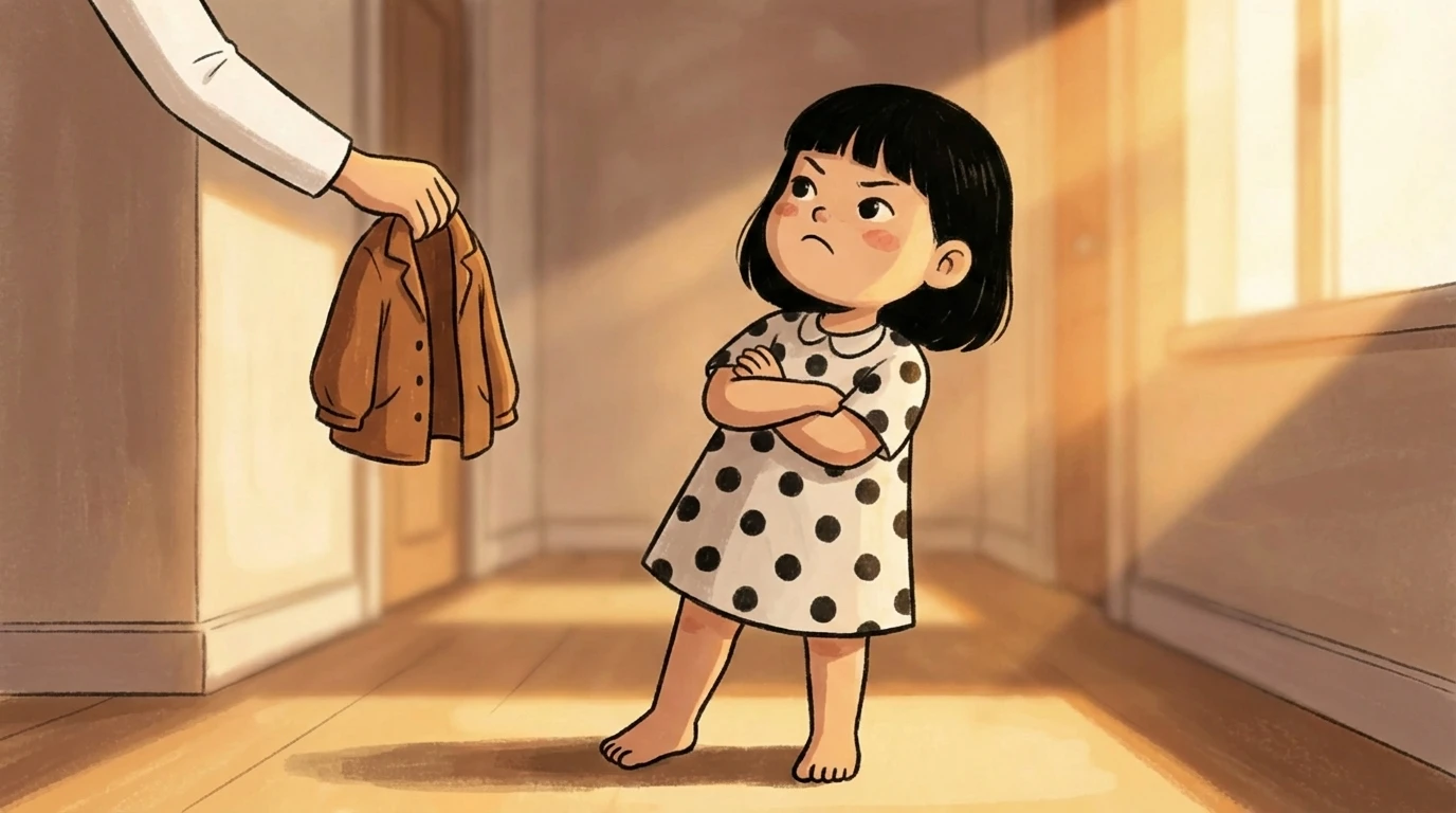 Child stands with arms crossed saying no as parent holds out a jacket in a hallway.